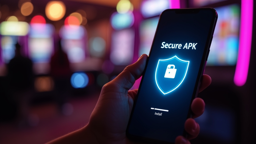 Telefoon met APK-installatie en beveiligingsgevoel in een casino-achtige setting
