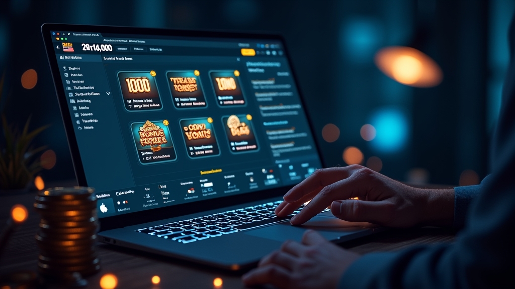 Speler bekijkt bonusopties en voorwaarden op een scherm in een donker casino