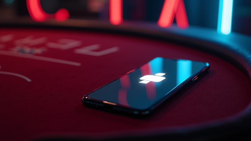 Smartphone met Android-downloadscherm in een donkere casino-omgeving