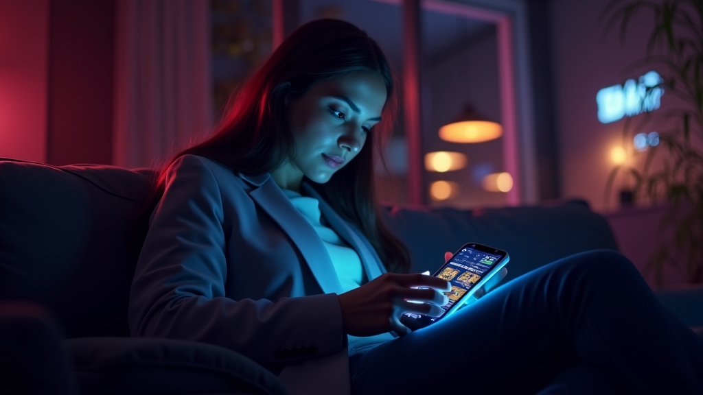 Speler gebruikt de mobiele app thuis en onderweg in een donkere casino-setting