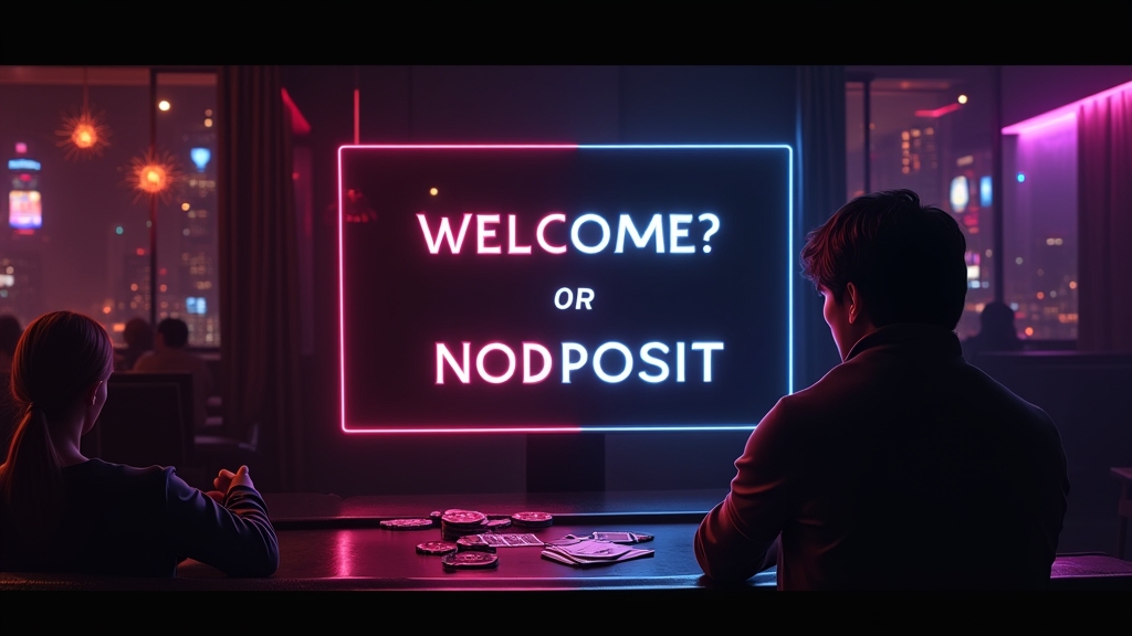 Nieuwe speler vergelijkt welkomstbonus en no-deposit optie in een donker casino