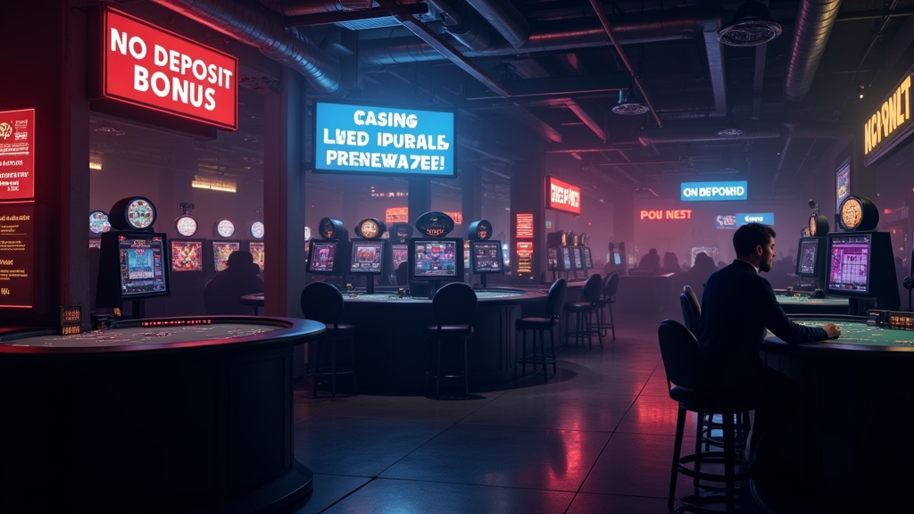 Speler leest voorwaarden van een no-deposit bonus in een donker casino